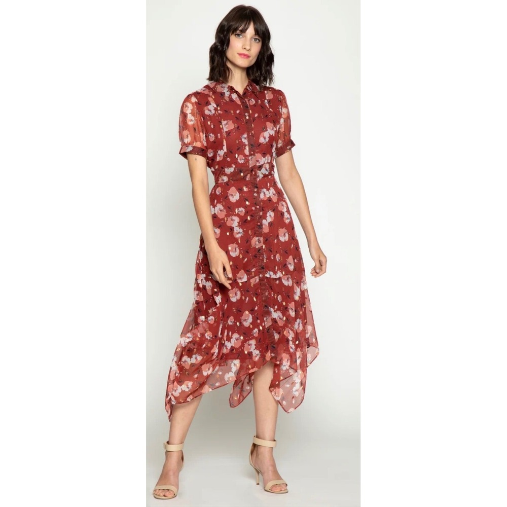 Walter Baker Burgandy Floral Handerchief Midi Dress, Small